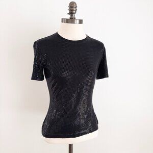 ST JOHN Caviar black shimmer metallic short sleeve cocktail top blouse XS (P)